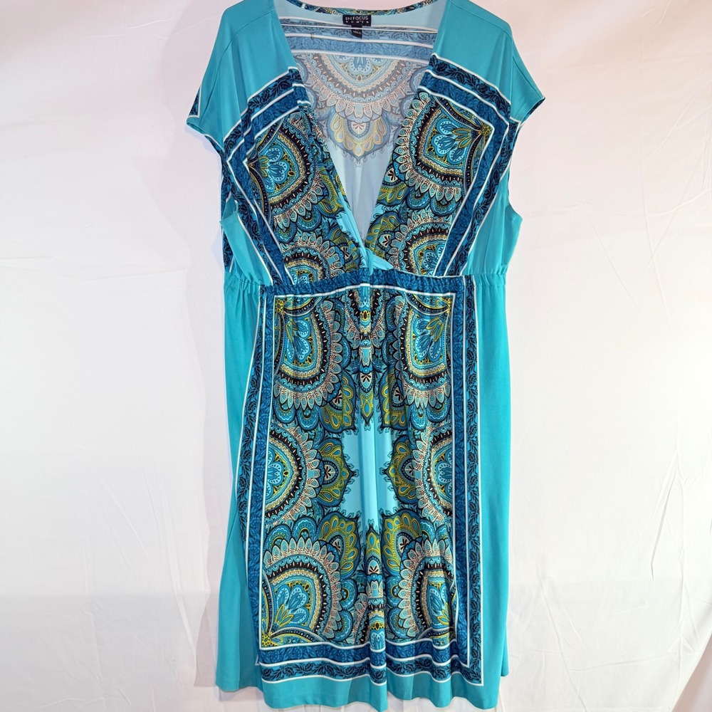 En Focus Women Plus 16W Turquoise Paisley Mandala V-Neck Empire Waist‎ Dress